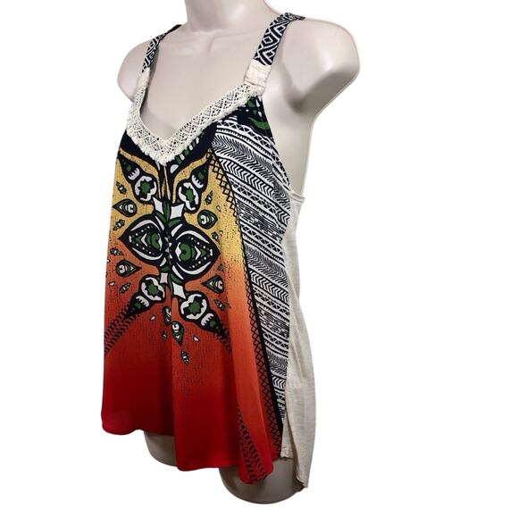 Rewind Tribal Print Macrame Tank Top Orange Ombre Black Tribal Design V Neck - Picture 14 of 16